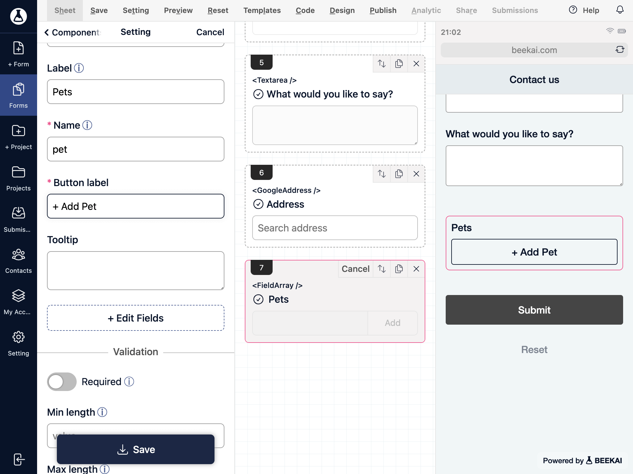 Dynamic field with button